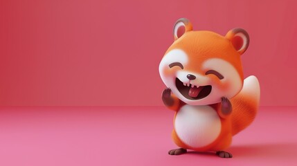 3D rendering of a cute and happy cartoon red panda. The panda is standing on a pink background and...