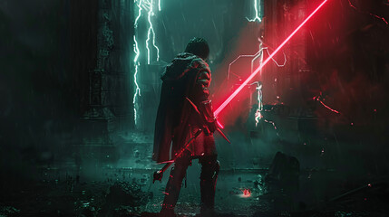 Obraz premium Dramatic visualization of a hero in a dystopian future, wielding Excalibur to carve out a path of light amidst darkness