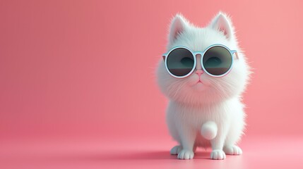 A cute white kitten wearing sunglasses is sitting on a pink background. The kitten is looking at the camera with a curious expression.