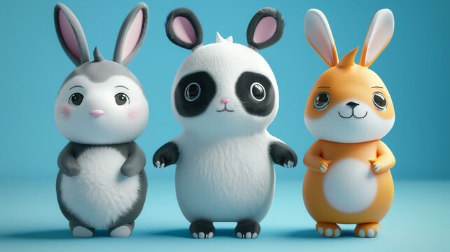 Three cute and cuddly animal characters, a rabbit, a panda, and a bear, are standing in a row against a blue background.