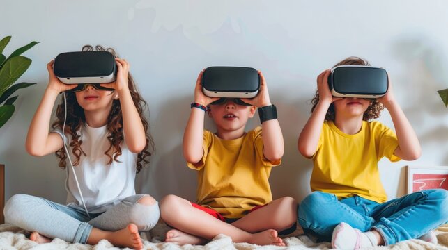 R Playdate: Kids Exploring Virtual Worlds. children sit cross-legged on the floor, each wearing different VR headsets, delving into virtual worlds in a bright, home environment.
