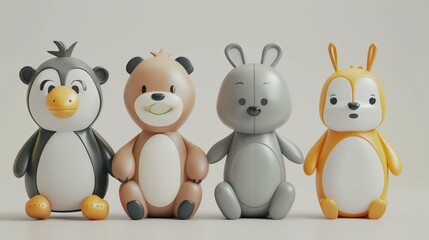 Four cute and cuddly animal toys sit in a row. The penguin, bear, rabbit, and dog are all made of soft, plush material and have friendly faces.