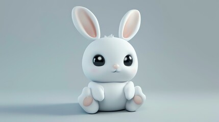 Cute and cuddly white bunny rabbit sitting on a white background. The rabbit has big black eyes and a pink nose.