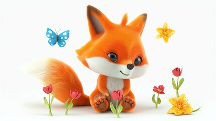 Cute cartoon fox sits among flowers and looks at a butterfly. 3D rendering.