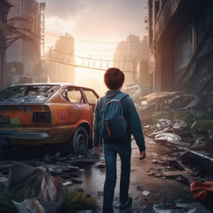 Alone, a boy wanders through a sunlit, ruined cityscape
