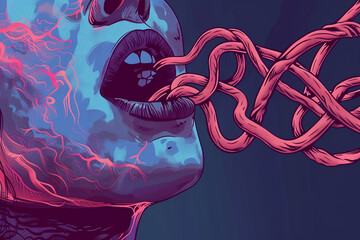 Dynamic illustration of a tongue caught in a ties knot, symbolizing the entanglement of words and their consequences - obrazy, fototapety, plakaty