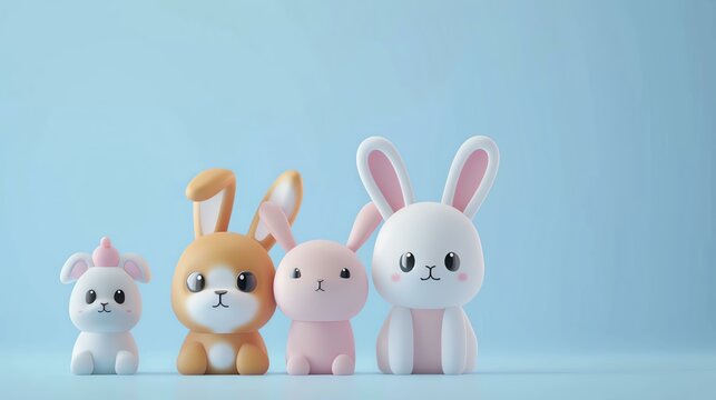 3D rendering of a group of cute cartoon rabbits sitting in a row on a blue background.