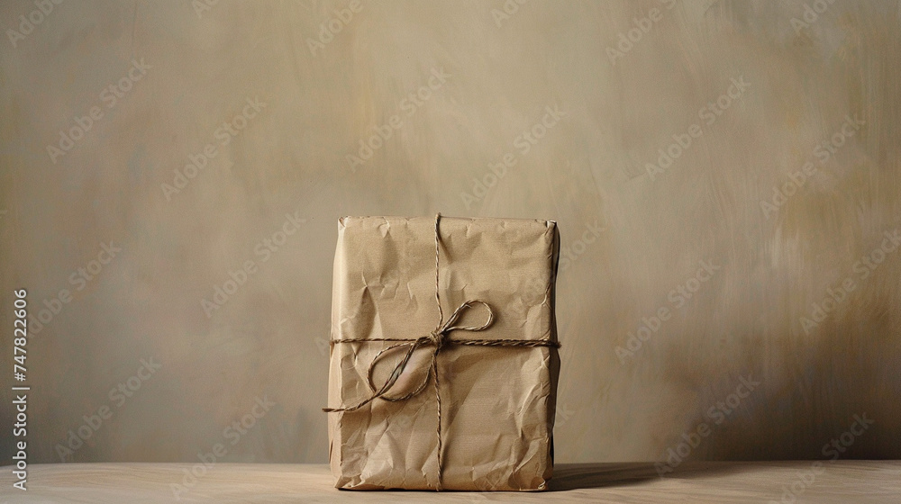 Poster elegant portrayal of a minimalist parcel tied with a simple string, set against a backdrop of soft, 