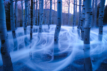 Ethereal image of a tranquil forest at dusk, with ghost-like mists weaving through the trees