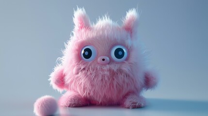 Cute pink fluffy creature with big eyes sitting on a white table against a pale blue background.