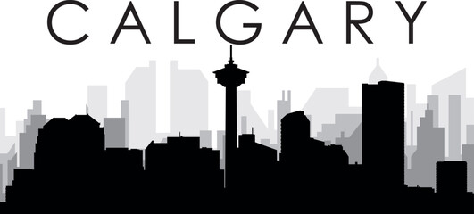 Black cityscape skyline panorama with gray misty city buildings background of the CALGARY, CANADA with a city name tag