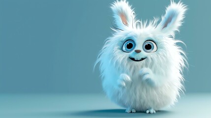 3D rendering of a cute and fluffy white creature with blue eyes and a big smile on its face. - obrazy, fototapety, plakaty