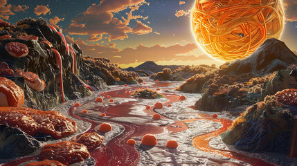 Fantasy landscape of a meatball planet, with rivers and lakes of sauce under a sky lit by a spaghetti ring - obrazy, fototapety, plakaty