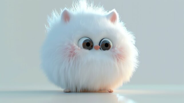 3D rendering of a cute and fluffy white creature with big eyes and a pink nose. It is standing on a white surface against a pale blue background.