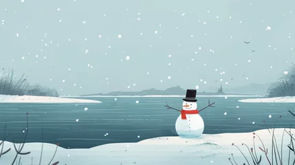 Tuinposter Illustration of a calm winter scene with a minimalist snowman © pprothien