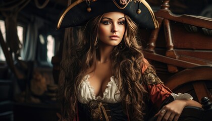 Fototapeta na wymiar A woman in a pirate costume posing on a boat