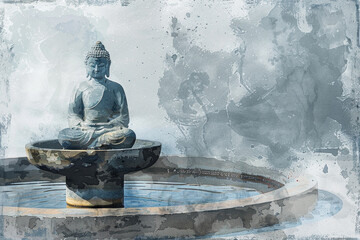 Illustration of a calming Zen water fountain statue with a muted blue and gray palette
