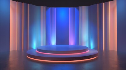 3D rendering of an empty stage with a glowing blue and pink neon light.