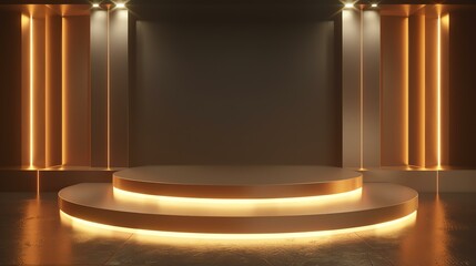 3D rendering of an empty stage with a glowing golden podium in the center. The podium is surrounded by spotlights and has a glowing golden border.