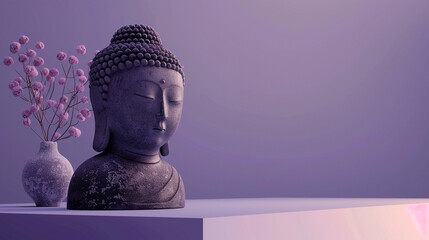 Illustration of a minimalist stone Bodhisattva statue against a serene lavender backdrop