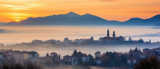 Obraz premium Foggy Sunrise Over Brianza, Como Province, Lombardy, Italy - Canon RF 50mm f/1.2L USM Capture