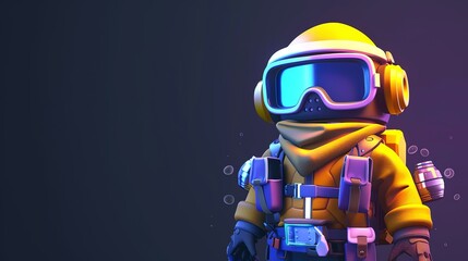 3D rendering of a cartoon character wearing a yellow helmet and goggles.
