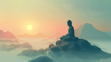 Illustration of a minimalist Zen statue with a background of flat-colored, soft morning fog
