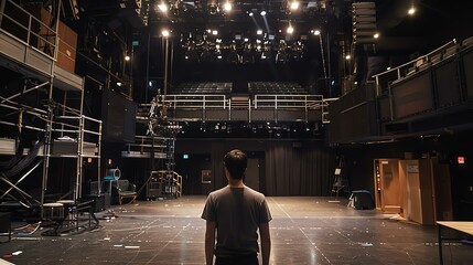 An empty theater stage is seen from the perspective of a lone figure standing in the wings. - obrazy, fototapety, plakaty