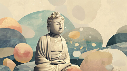Illustration of a peaceful Zen statue with a background of simple, muted-color river stones - obrazy, fototapety, plakaty