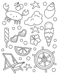 Summer set. Coloring page, black and white vector illustration.