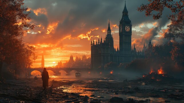 The End of the World Apocalyptic, destroyed 
London, epic scene. Created with Generative AI.