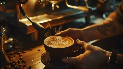 Barista holding a cup of coffee with latte art in front of the coffee machine. Coffee beans are scattered on the table. The background is blurred. - obrazy, fototapety, plakaty