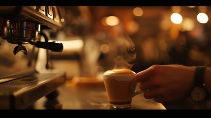 Coffee cup with foam in the foreground and blurred background of a coffee shop. The hand of a barista holding the cup is also visible. - obrazy, fototapety, plakaty