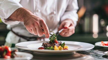 A chef carefully garnishes a plate of food, adding the finishing touches to a delicious meal.