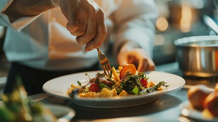 A chef is shown plating a dish in a restaurant kitchen. The plate has a steak, vegetables, and a sauce.