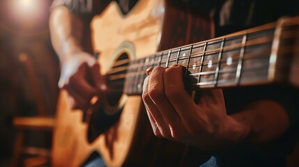 Close-up of a male hand playing an acoustic guitar. The man is wearing a casual shirt and the guitar is brown.