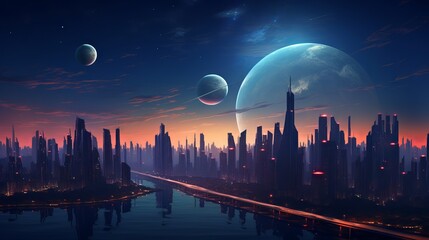 Futuristic Night Lights: Sunset in Megapolis with Space Moon, Canon RF 50mm f/1.2L USM