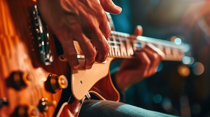 A close-up of a musician playing an electric guitar. The focus is on the guitarist's hands and the guitar strings. - Powered by Adobe