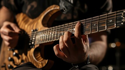 A close-up of a person playing an electric guitar. The person is wearing a black shirt and the guitar is brown. - obrazy, fototapety, plakaty