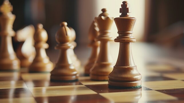 The image is a close-up of a chessboard with wooden chess pieces. The focus is on the white king, which is in the center of the frame.
