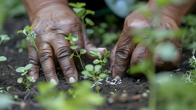 A close-up image of a person's hands planting a seedling in the soil. The hands are wrinkled and dark-skinned, and the seedling is green andå«©å¼±.