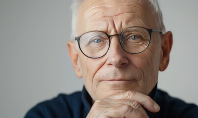 A senior man with glasses looking thoughtful into the camera, portraying a happy older man deep in thought.