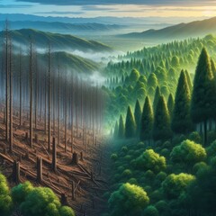 Aerial view of deforestation or reforestation, with destroyed and complete green forest illustration. Created by generative ai