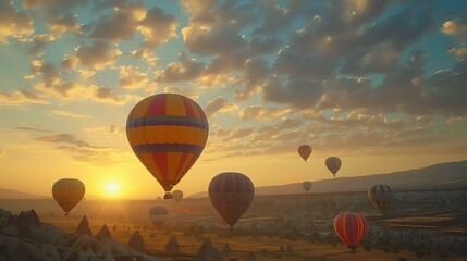 Hot air balloons floating over the Cappadocia region in Turkey. The sunrise is in the background and the sky is cloudy. Theåœ°é¢ä¸Šæœ‰ä¸€äº›å±±ä¸˜.