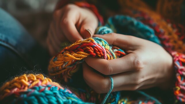 Close-up of a person's hands knitting with colorful yarn. The image is warm and inviting, and it evokes a sense of nostalgia.