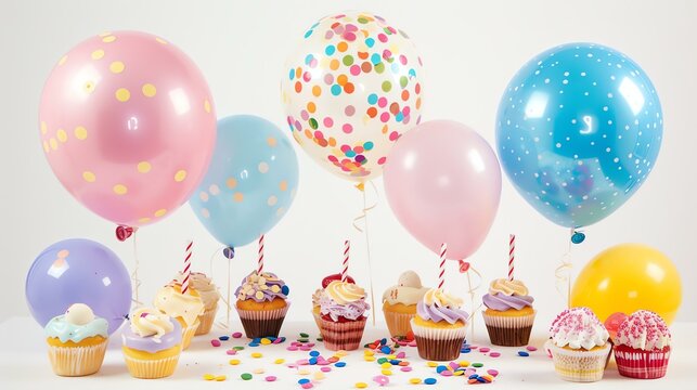 Colorful balloons and cupcakes on a white background. The image is suitable for use as a birthday or party background.