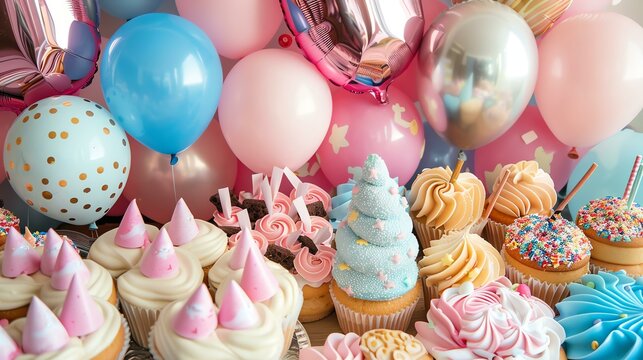 A beautiful image of a table full of cupcakes and balloons.