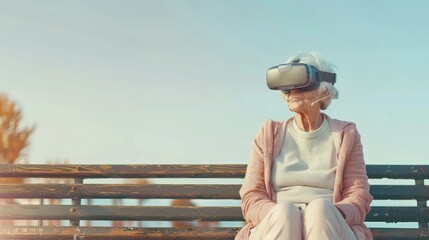 sun day cute happy pensioner old woman wearing VR glasses. concept virtual reality, technology, gadgets