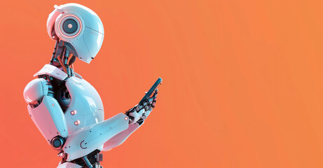 one  android robot with a smartphone in his hands on a plain orange peach background