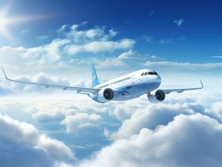Naklejka na ściany i meble the plane flies above the clouds in the blue sky. concept vacation, vacation, sea, weekend, travel, tourism, fly
